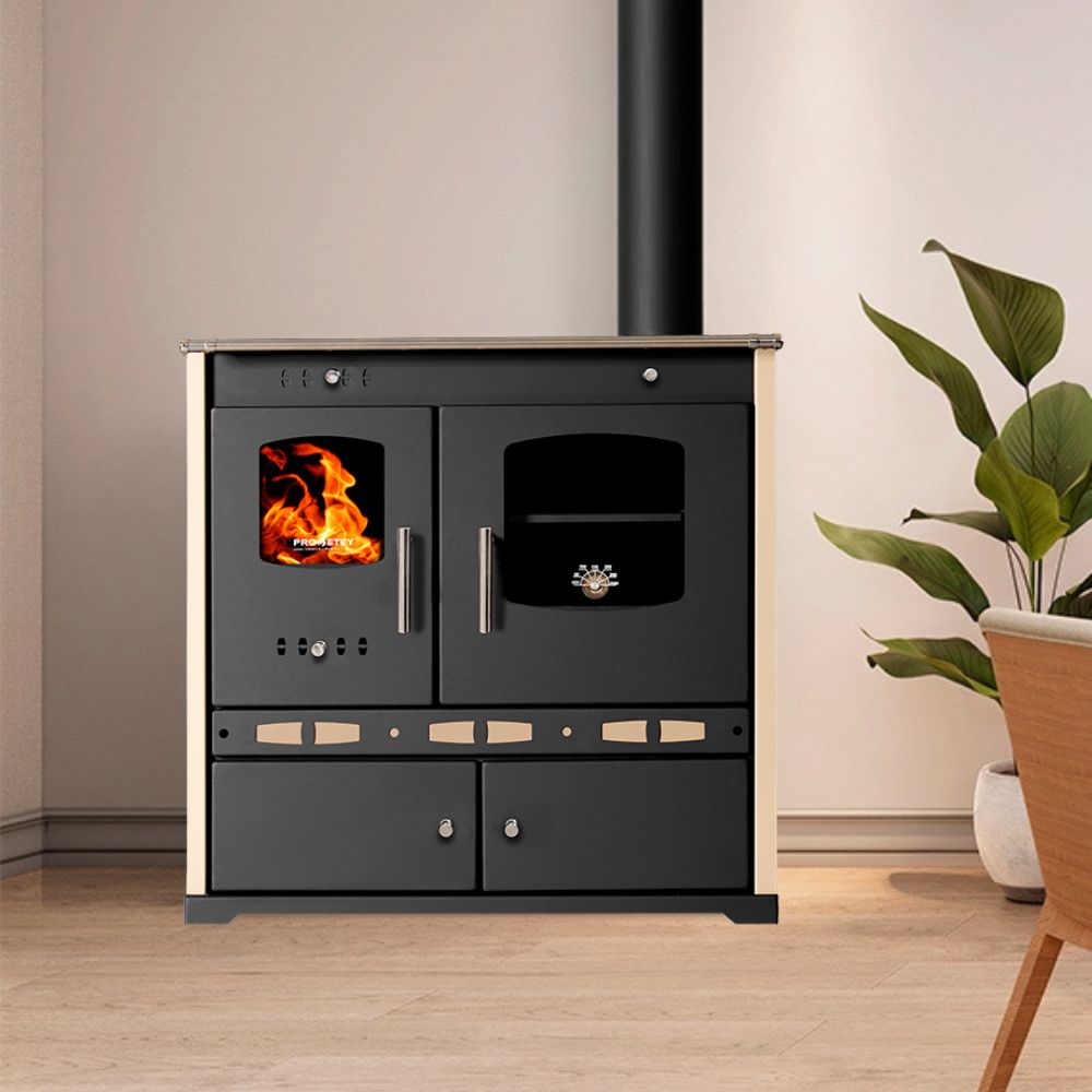 Μασίνα ξύλου Prometey Perfect Eco Lux με δεξιά καμινάδα, ελεφαντόδοντο, 7.5kW | Μασίνες Ξύλου με Φούρνο | Μασίνες Ξύλου |