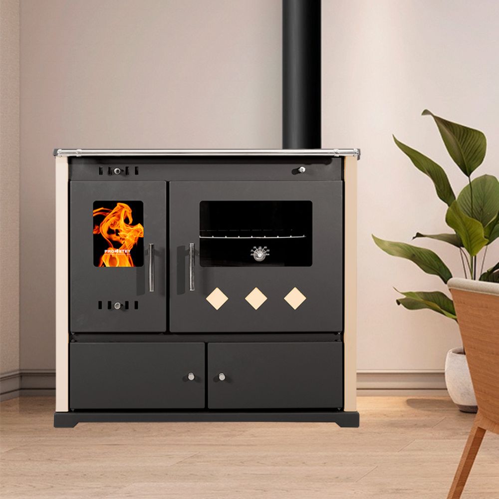 Μασίνα ξύλου Prometey Perfect Practik Lux με κεραμική εστία, δεξιά καμινάδα, ελεφαντόδοντο, 9.5kW |  |  |