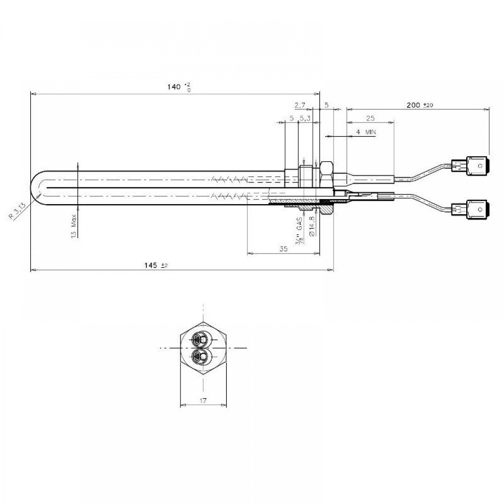 Αντίσταση σόμπας πέλλετ, μήκος 145mm, 250W | Αντιστάσεις σομπών πελλετ | Ανταλλακτικά για σόμπες pellet |